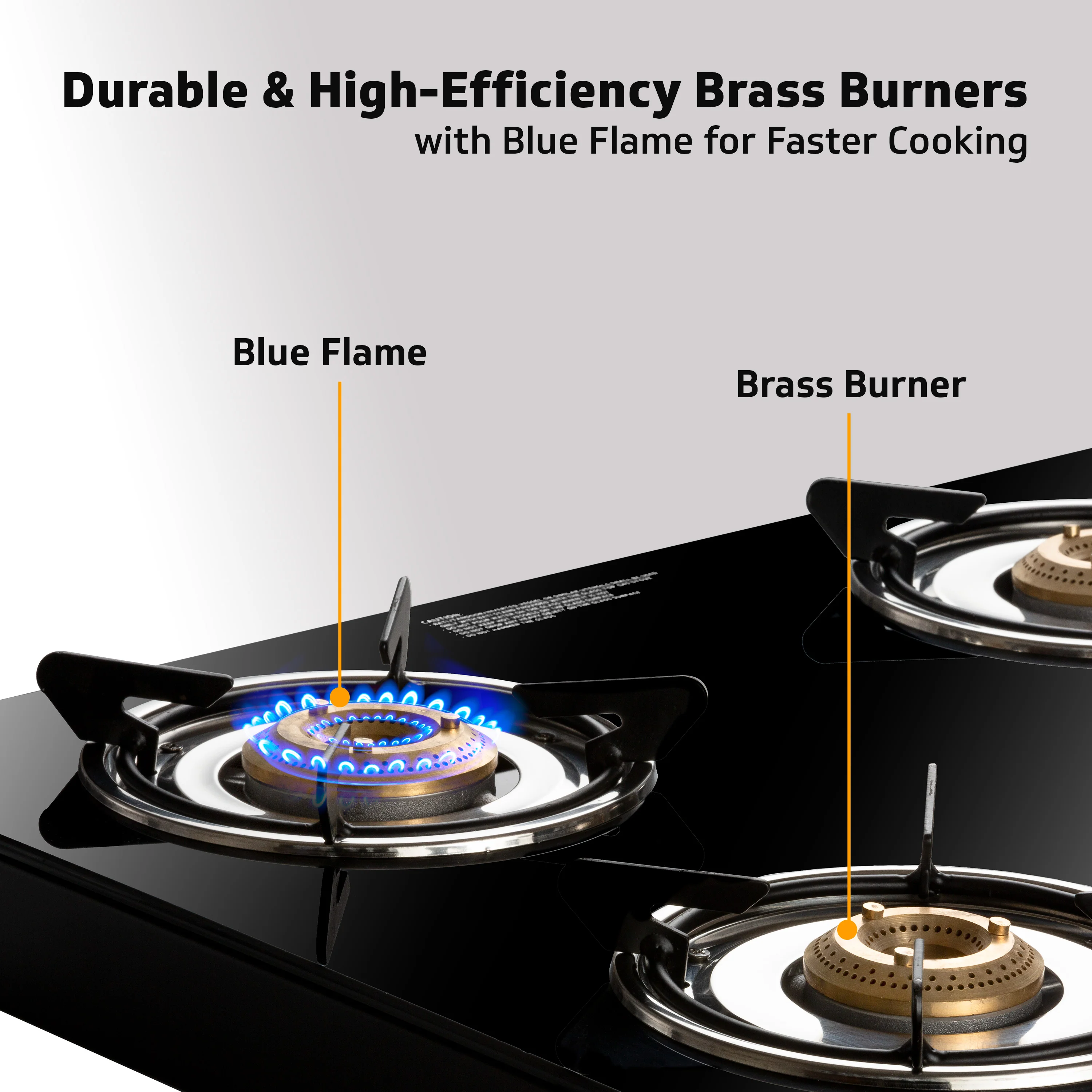 V-Guard VGD 457 PI 4 Burner Gas Stove | Compact & Elegant Gas Stove | 2 Large and 2 Medium High-Efficiency Brass Burners | Toughened Glass Top | 1 Year Coverage by V-Guard - Image 3