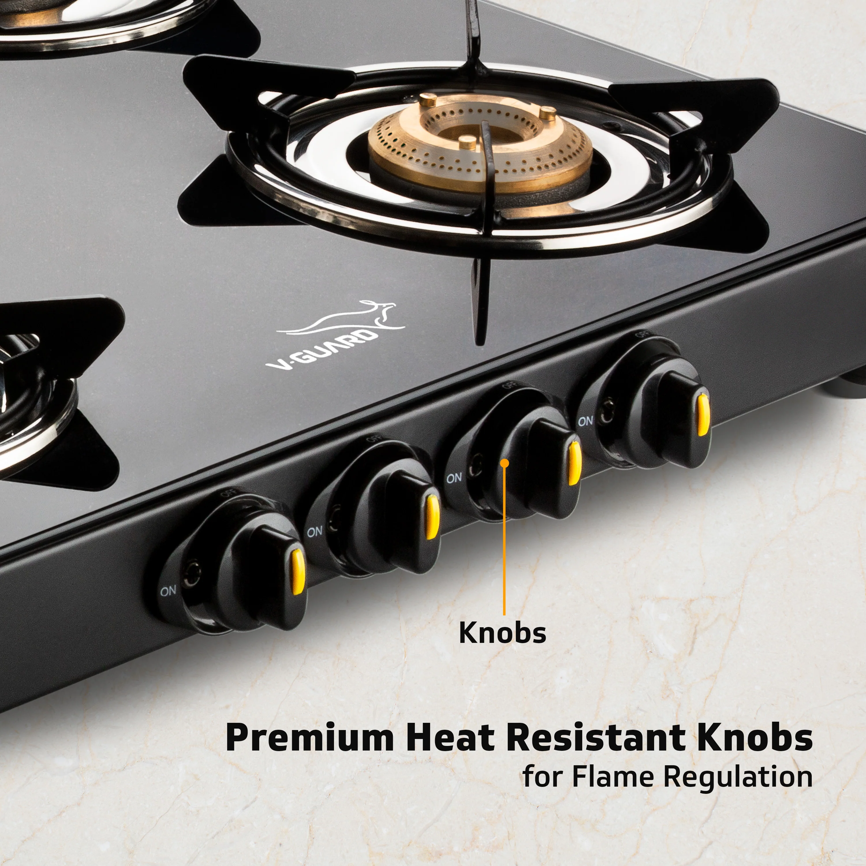 V-Guard VGD 457 PI 4 Burner Gas Stove | Compact & Elegant Gas Stove | 2 Large and 2 Medium High-Efficiency Brass Burners | Toughened Glass Top | 1 Year Coverage by V-Guard - Image 4