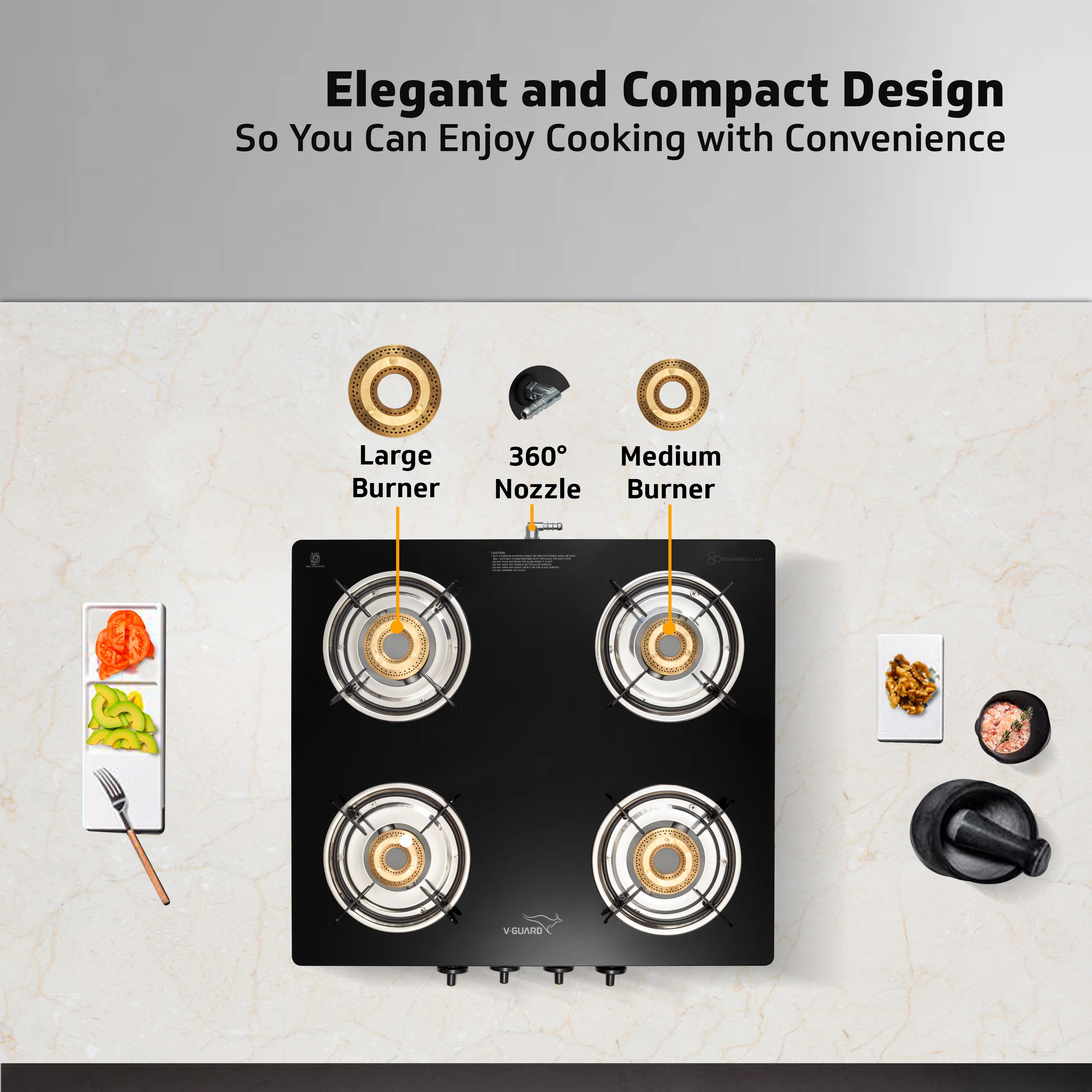 V-Guard VGD 457 PI 4 Burner Gas Stove | Compact & Elegant Gas Stove | 2 Large and 2 Medium High-Efficiency Brass Burners | Toughened Glass Top | 1 Year Coverage by V-Guard - Image 6