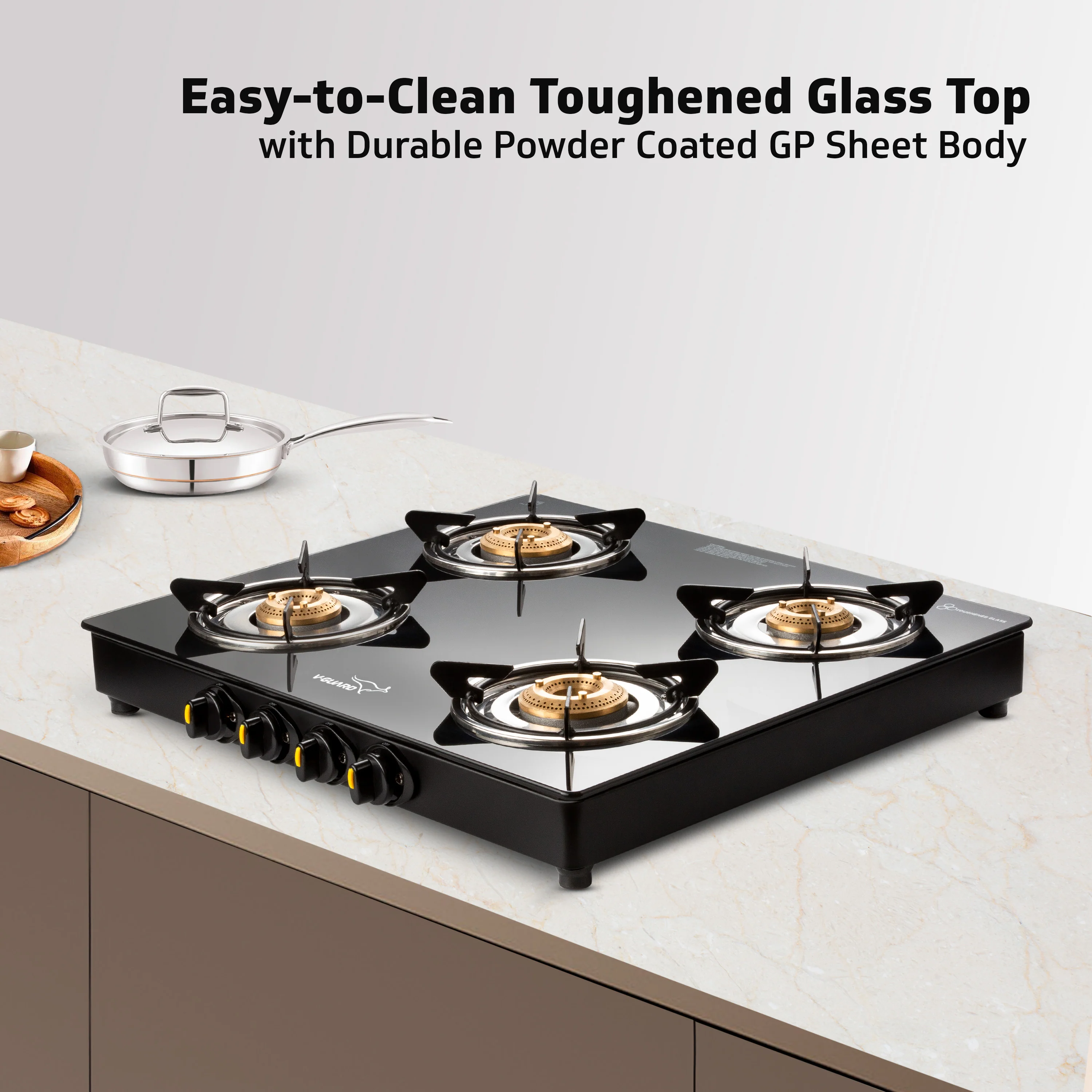 V-Guard VGD 457 PI 4 Burner Gas Stove | Compact & Elegant Gas Stove | 2 Large and 2 Medium High-Efficiency Brass Burners | Toughened Glass Top | 1 Year Coverage by V-Guard - Image 7