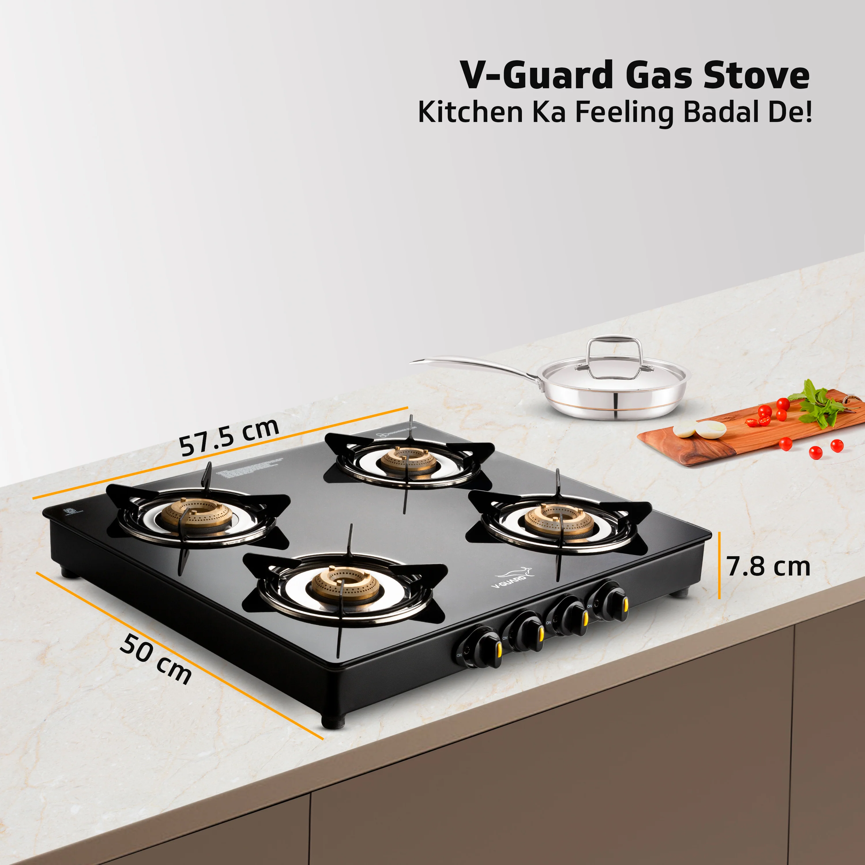 V-Guard VGD 457 PI 4 Burner Gas Stove | Compact & Elegant Gas Stove | 2 Large and 2 Medium High-Efficiency Brass Burners | Toughened Glass Top | 1 Year Coverage by V-Guard - Image 8