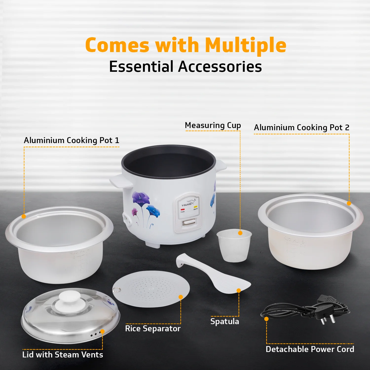 V-Guard VRC 1.0 C 1-Litre Electric Rice Cooker with 400 W Power, 2 Pots, Spatula, Rice Separator | 2-Year Product & 5-Year Heating Plate Coverage by V-Guard | Automatic Cooking with Double-Layer Body - Image 3