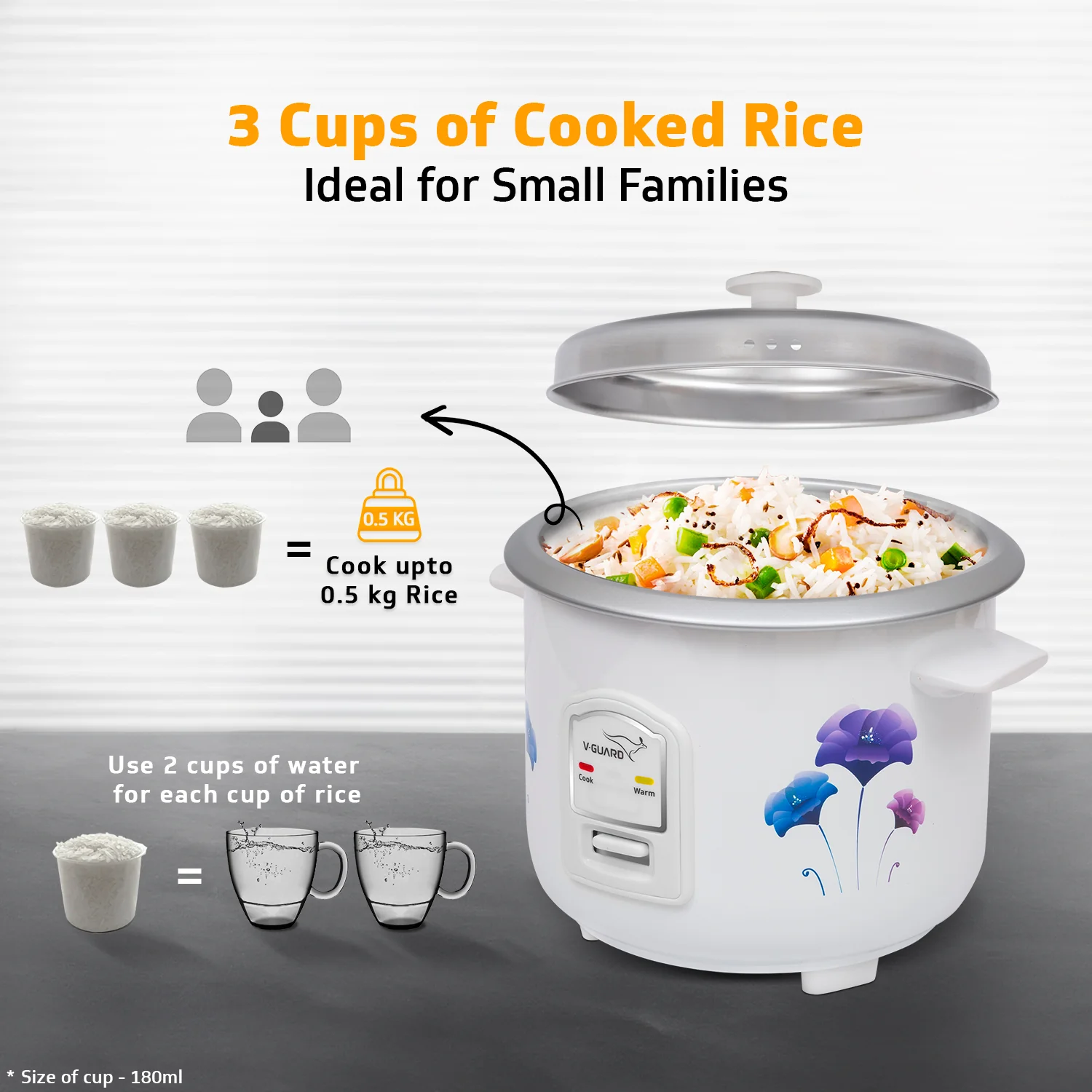 V-Guard VRC 1.0 C 1-Litre Electric Rice Cooker with 400 W Power, 2 Pots, Spatula, Rice Separator | 2-Year Product & 5-Year Heating Plate Coverage by V-Guard | Automatic Cooking with Double-Layer Body - Image 5