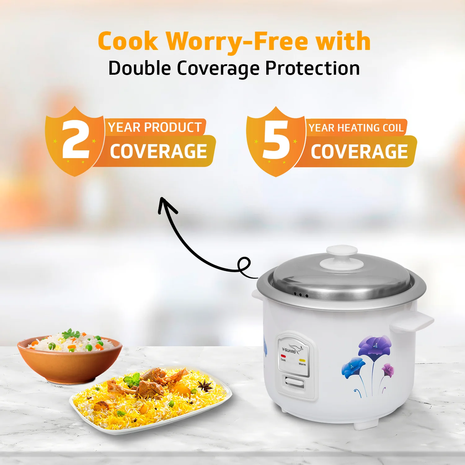 V-Guard VRC 1.0 C 1-Litre Electric Rice Cooker with 400 W Power, 2 Pots, Spatula, Rice Separator | 2-Year Product & 5-Year Heating Plate Coverage by V-Guard | Automatic Cooking with Double-Layer Body - Image 9