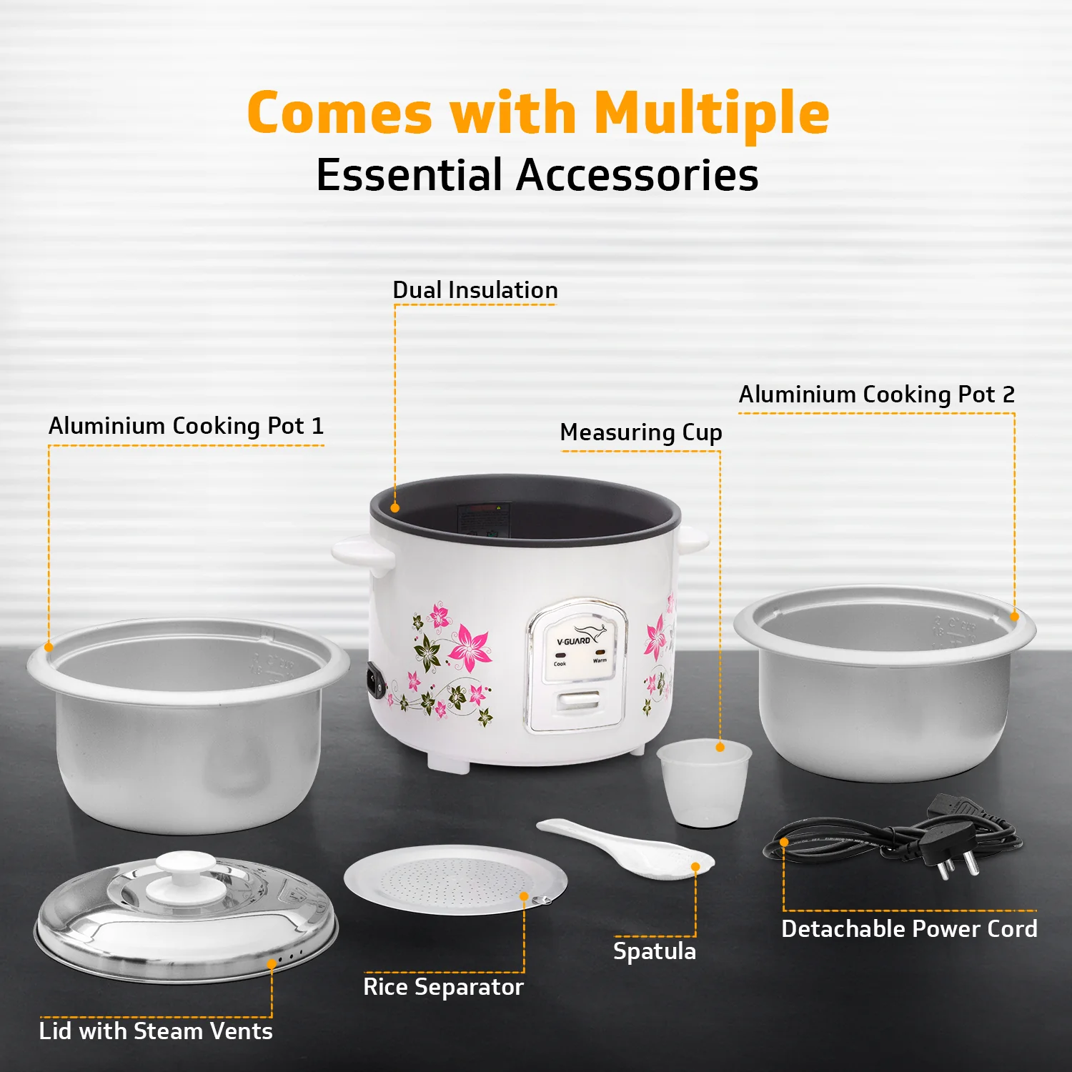 V-Guard VRC 1.8-Litre Electric Rice Cooker with 700 W Power, 2 Pots, Spatula, Rice Separator | 2-Year Product & 5-Year Heating Plate Coverage by V-Guard | Automatic Cooking with Double-Layered Body & Cool Touch Handles - Image 3