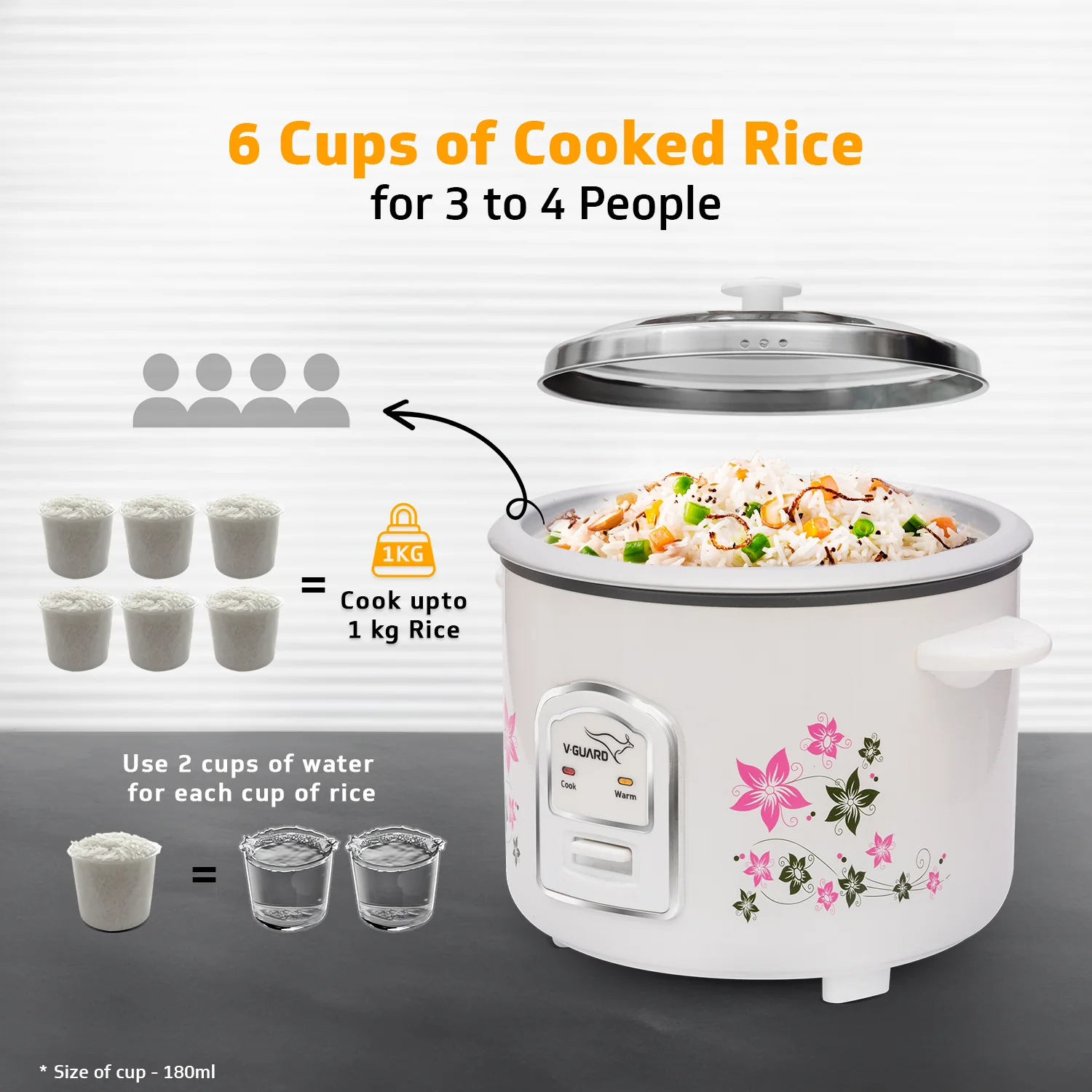 V-Guard VRC 1.8-Litre Electric Rice Cooker with 700 W Power, 2 Pots, Spatula, Rice Separator | 2-Year Product & 5-Year Heating Plate Coverage by V-Guard | Automatic Cooking with Double-Layered Body & Cool Touch Handles - Image 5