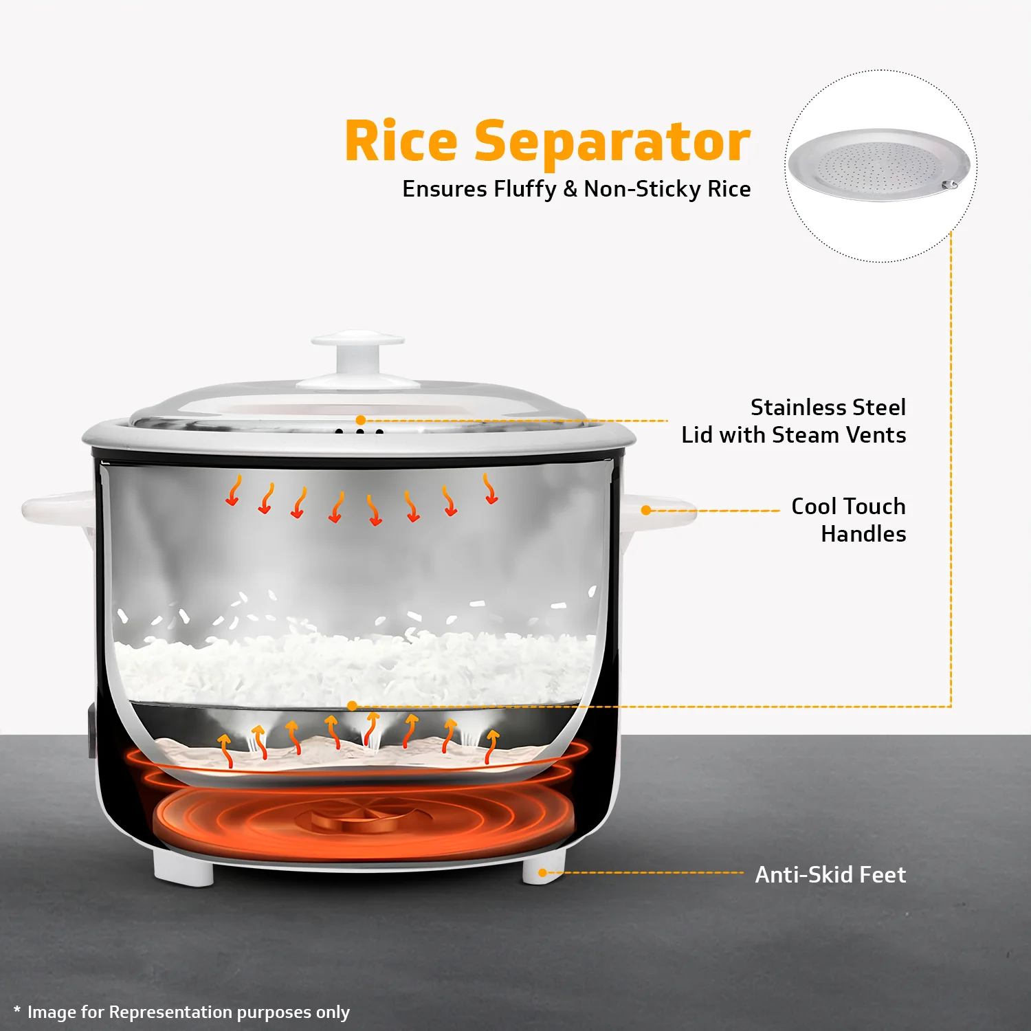 V-Guard VRC 1.8-Litre Electric Rice Cooker with 700 W Power, 2 Pots, Spatula, Rice Separator | 2-Year Product & 5-Year Heating Plate Coverage by V-Guard | Automatic Cooking with Double-Layered Body & Cool Touch Handles - Image 6