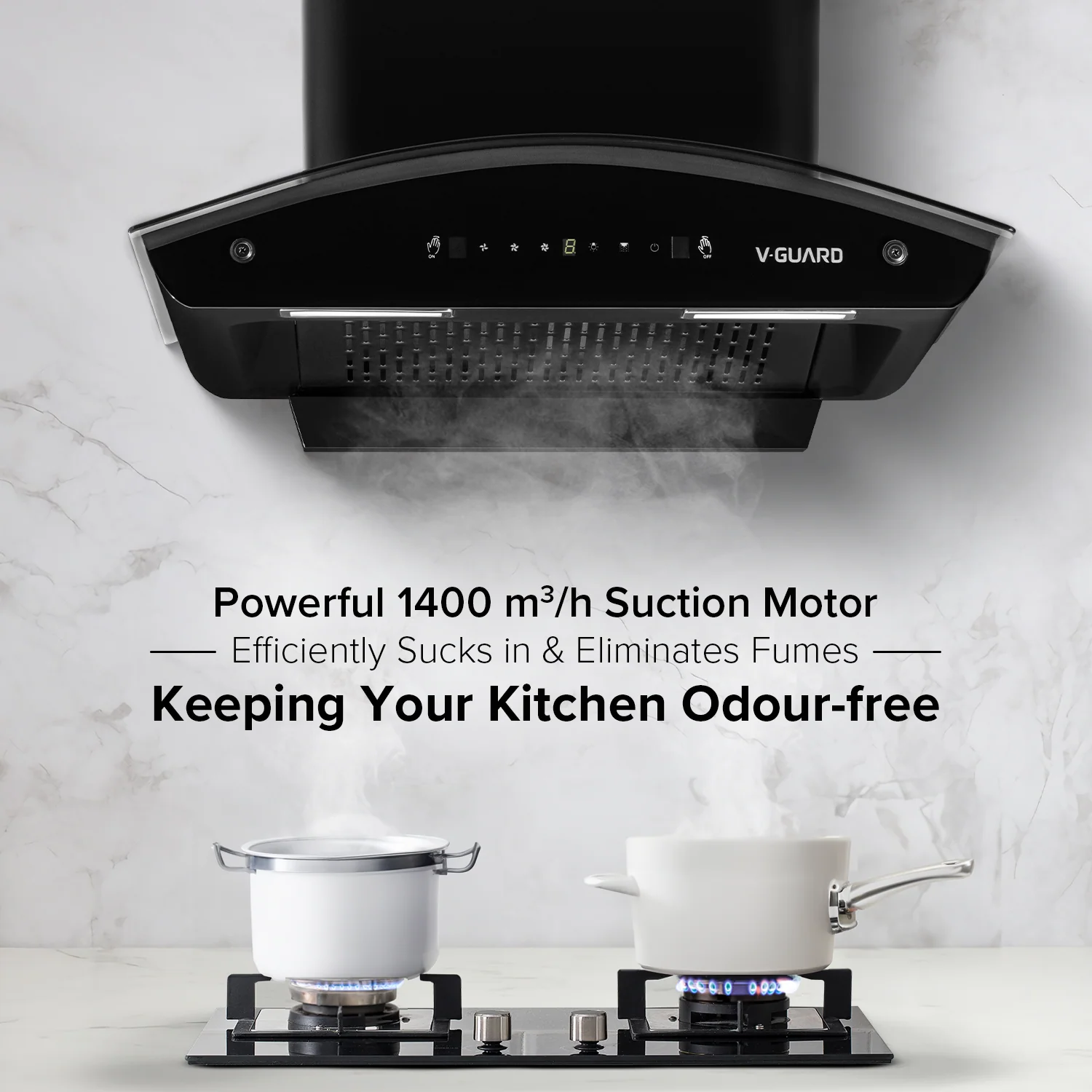 V-Guard X10 Neo Filterless Kitchen Chimney | 60cm | 1400 m³/h High Suction Capacity | One-Touch Heat Auto-Clean | Touch Panel with Gesture Control | 1-Year Comprehensive & 5-Year Motor Coverage - Image 3