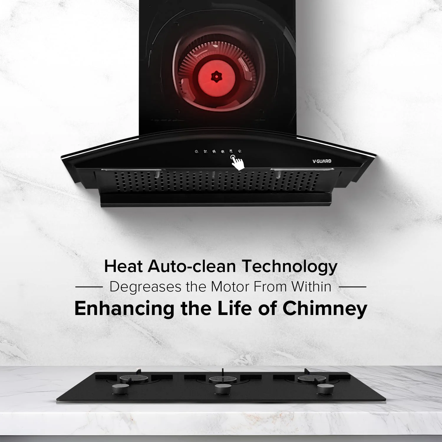 V-Guard Y10 Filterless Kitchen Chimney | 60 cm | 1200 m³/h High Suction Capacity | Heat Auto-Clean | Push-Button Control | 1-Year Comprehensive & 5-Year Motor Coverage - Image 5