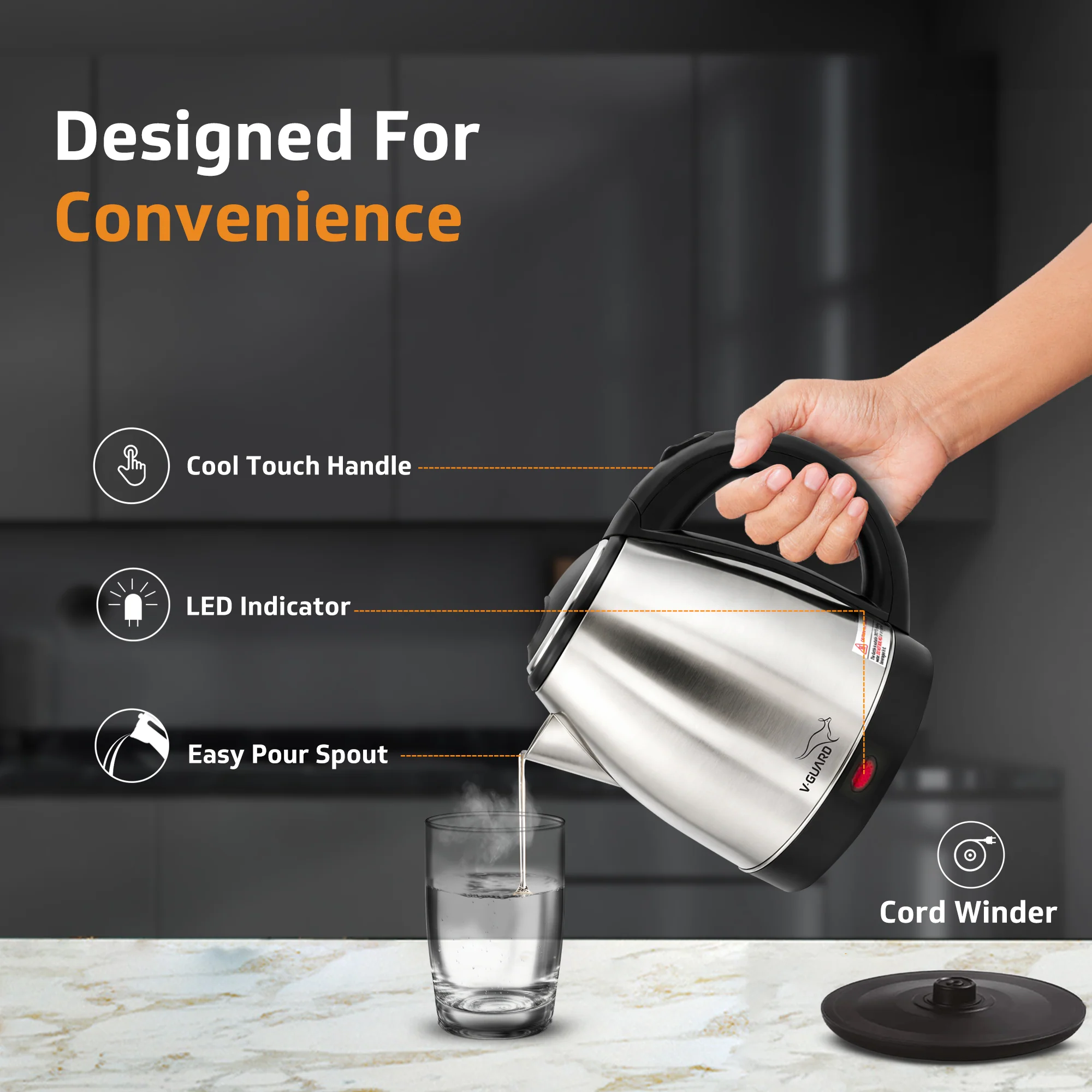 VKS15 Electric Kettle for hot water | 1.5 Litre 1500 watt, Stainless Steel Hot water kettle | Power Indicator | Auto cut-off - Image 3