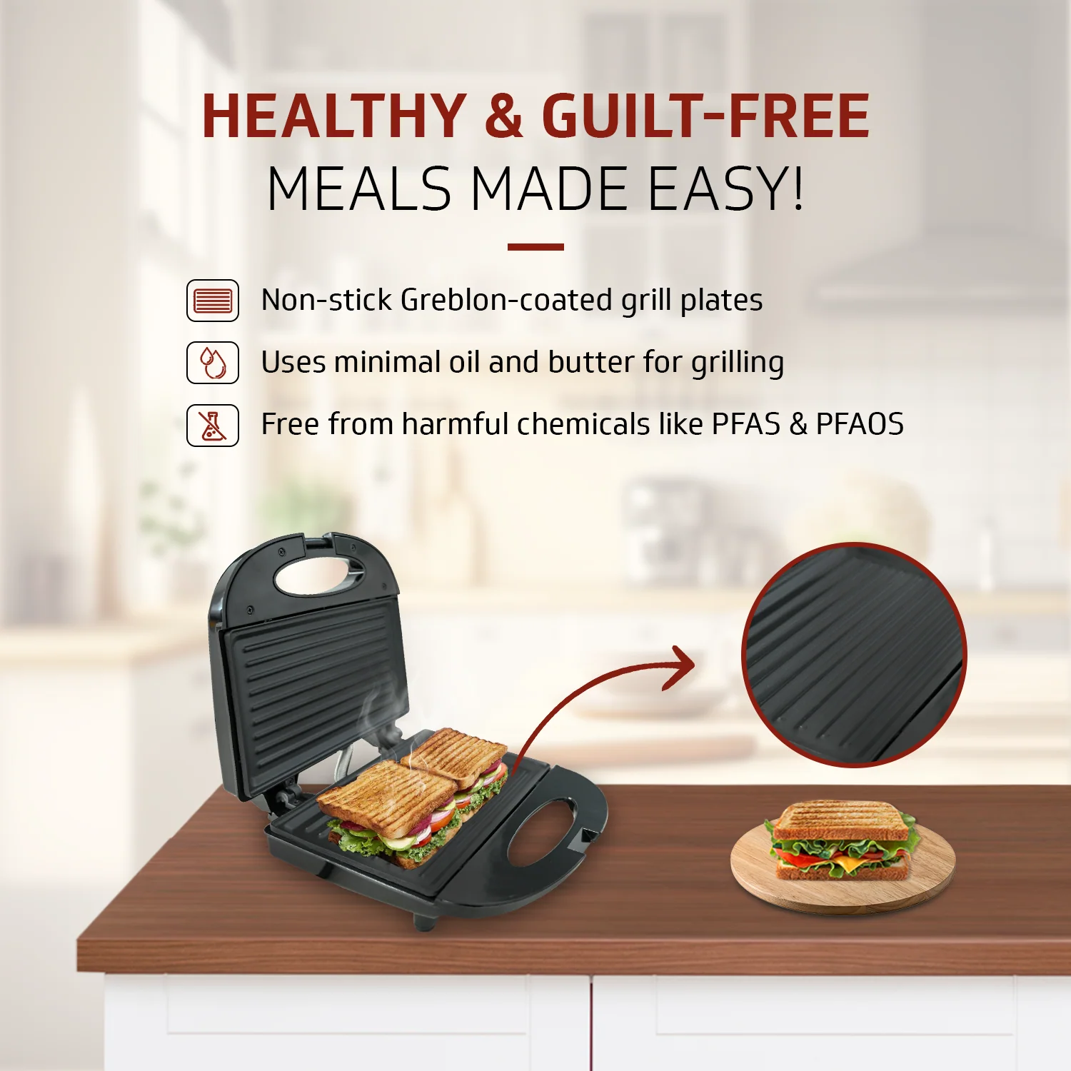VSG80 2 Slice Grill Sandwich Maker | Fixed Non-Stick Grill Plates with Powerful 800 Watt Heating Rods |Easy to Clean Non-Stick Greblon Coating | 1 Year Warranty - Image 4