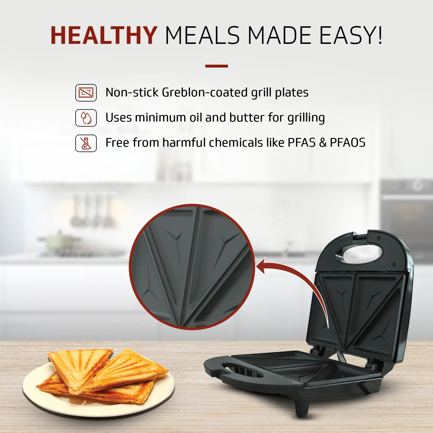 VST80 2 Slice Sandwich Maker | Fixed Non-Stick Triangular Plates with Powerful 800 Watt Heating Rods | Easy to Clean Non-Stick Greblon Coating | 1 Year Warranty - Image 3