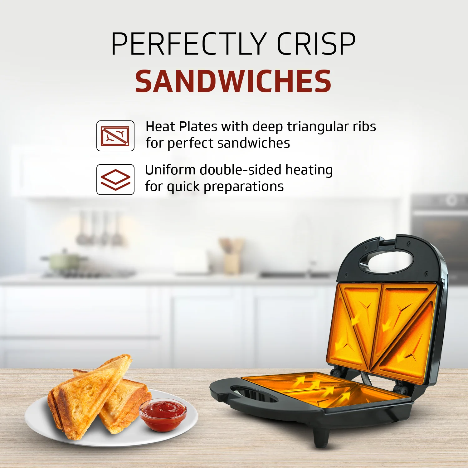VST80 2 Slice Sandwich Maker | Fixed Non-Stick Triangular Plates with Powerful 800 Watt Heating Rods | Easy to Clean Non-Stick Greblon Coating | 1 Year Warranty - Image 4
