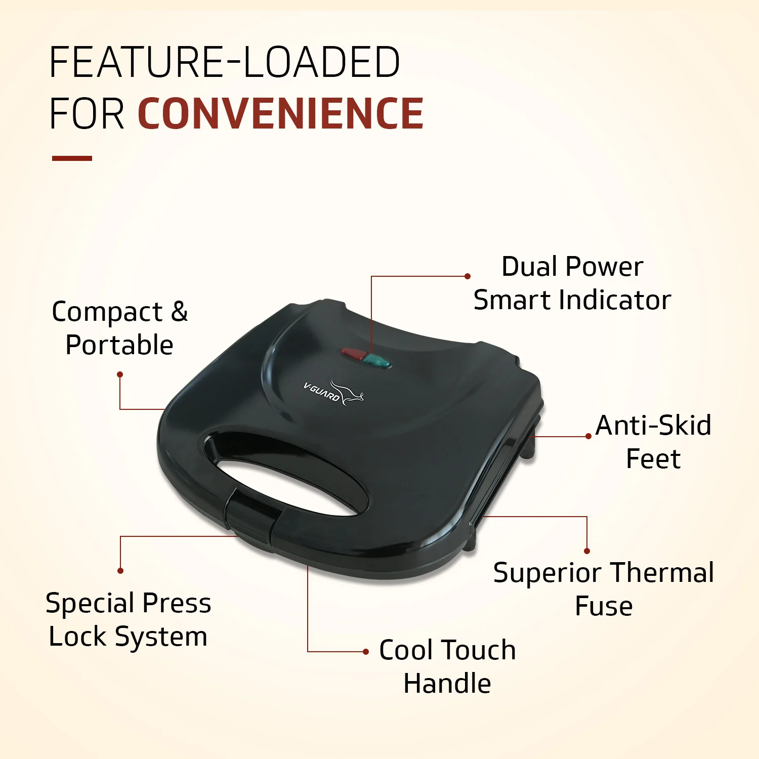 VST80 2 Slice Sandwich Maker | Fixed Non-Stick Triangular Plates with Powerful 800 Watt Heating Rods | Easy to Clean Non-Stick Greblon Coating | 1 Year Warranty - Image 5