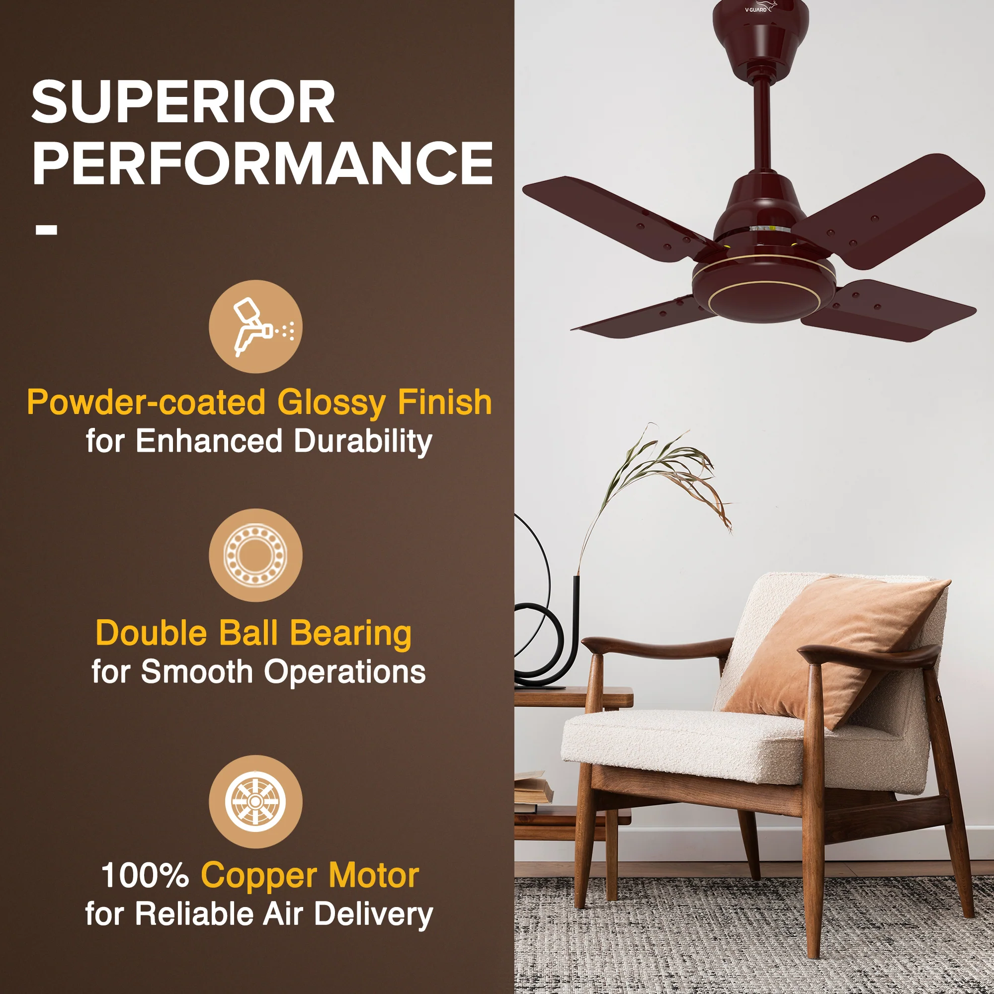 Windle Pro AS High-Speed Ceiling Fan for Home 60 cm, Cherry Brown - Image 3